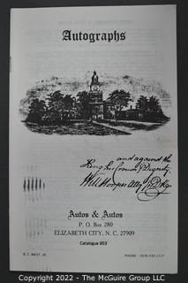 Lot 2.  Autos & Autos.  26 items.  The firm was owned and operated by the late B.C. West, Jr., Manuscript Society treasurer, trustee and noted dealer and collector. His name is well known for the 1976-1977 replevin case, The State of North Carolina vs. Dr. B.C. West, Jr., that he fought after the state seized documents from him. Less well known, perhaps, is the key role he played with the F.B.I. in apprehending a thief who stole an estimated $15,000,000 of manuscripts and artifacts from the Thomas Edison National Historic Site.  West received the Conservation Service Award for his work on the case.  Postmark dates for the catalogs range from 1975 to 1991