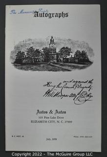 Lot 2.  Autos & Autos.  26 items.  The firm was owned and operated by the late B.C. West, Jr., Manuscript Society treasurer, trustee and noted dealer and collector. His name is well known for the 1976-1977 replevin case, The State of North Carolina vs. Dr. B.C. West, Jr., that he fought after the state seized documents from him. Less well known, perhaps, is the key role he played with the F.B.I. in apprehending a thief who stole an estimated $15,000,000 of manuscripts and artifacts from the Thomas Edison National Historic Site.  West received the Conservation Service Award for his work on the case.  Postmark dates for the catalogs range from 1975 to 1991