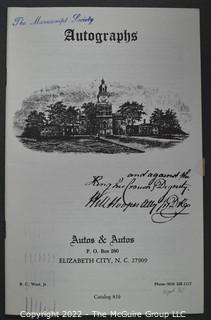 Lot 2.  Autos & Autos.  26 items.  The firm was owned and operated by the late B.C. West, Jr., Manuscript Society treasurer, trustee and noted dealer and collector. His name is well known for the 1976-1977 replevin case, The State of North Carolina vs. Dr. B.C. West, Jr., that he fought after the state seized documents from him. Less well known, perhaps, is the key role he played with the F.B.I. in apprehending a thief who stole an estimated $15,000,000 of manuscripts and artifacts from the Thomas Edison National Historic Site.  West received the Conservation Service Award for his work on the case.  Postmark dates for the catalogs range from 1975 to 1991