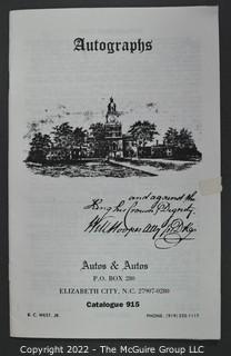 Lot 2.  Autos & Autos.  26 items.  The firm was owned and operated by the late B.C. West, Jr., Manuscript Society treasurer, trustee and noted dealer and collector. His name is well known for the 1976-1977 replevin case, The State of North Carolina vs. Dr. B.C. West, Jr., that he fought after the state seized documents from him. Less well known, perhaps, is the key role he played with the F.B.I. in apprehending a thief who stole an estimated $15,000,000 of manuscripts and artifacts from the Thomas Edison National Historic Site.  West received the Conservation Service Award for his work on the case.  Postmark dates for the catalogs range from 1975 to 1991