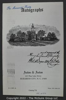 Lot 2.  Autos & Autos.  26 items.  The firm was owned and operated by the late B.C. West, Jr., Manuscript Society treasurer, trustee and noted dealer and collector. His name is well known for the 1976-1977 replevin case, The State of North Carolina vs. Dr. B.C. West, Jr., that he fought after the state seized documents from him. Less well known, perhaps, is the key role he played with the F.B.I. in apprehending a thief who stole an estimated $15,000,000 of manuscripts and artifacts from the Thomas Edison National Historic Site.  West received the Conservation Service Award for his work on the case.  Postmark dates for the catalogs range from 1975 to 1991