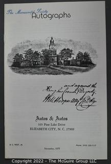 Lot 2.  Autos & Autos.  26 items.  The firm was owned and operated by the late B.C. West, Jr., Manuscript Society treasurer, trustee and noted dealer and collector. His name is well known for the 1976-1977 replevin case, The State of North Carolina vs. Dr. B.C. West, Jr., that he fought after the state seized documents from him. Less well known, perhaps, is the key role he played with the F.B.I. in apprehending a thief who stole an estimated $15,000,000 of manuscripts and artifacts from the Thomas Edison National Historic Site.  West received the Conservation Service Award for his work on the case.  Postmark dates for the catalogs range from 1975 to 1991