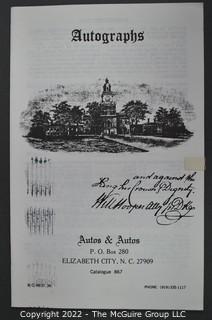 Lot 2.  Autos & Autos.  26 items.  The firm was owned and operated by the late B.C. West, Jr., Manuscript Society treasurer, trustee and noted dealer and collector. His name is well known for the 1976-1977 replevin case, The State of North Carolina vs. Dr. B.C. West, Jr., that he fought after the state seized documents from him. Less well known, perhaps, is the key role he played with the F.B.I. in apprehending a thief who stole an estimated $15,000,000 of manuscripts and artifacts from the Thomas Edison National Historic Site.  West received the Conservation Service Award for his work on the case.  Postmark dates for the catalogs range from 1975 to 1991