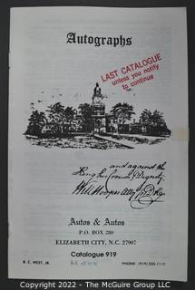 Lot 2.  Autos & Autos.  26 items.  The firm was owned and operated by the late B.C. West, Jr., Manuscript Society treasurer, trustee and noted dealer and collector. His name is well known for the 1976-1977 replevin case, The State of North Carolina vs. Dr. B.C. West, Jr., that he fought after the state seized documents from him. Less well known, perhaps, is the key role he played with the F.B.I. in apprehending a thief who stole an estimated $15,000,000 of manuscripts and artifacts from the Thomas Edison National Historic Site.  West received the Conservation Service Award for his work on the case.  Postmark dates for the catalogs range from 1975 to 1991