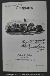 Lot 2.  Autos & Autos.  26 items.  The firm was owned and operated by the late B.C. West, Jr., Manuscript Society treasurer, trustee and noted dealer and collector. His name is well known for the 1976-1977 replevin case, The State of North Carolina vs. Dr. B.C. West, Jr., that he fought after the state seized documents from him. Less well known, perhaps, is the key role he played with the F.B.I. in apprehending a thief who stole an estimated $15,000,000 of manuscripts and artifacts from the Thomas Edison National Historic Site.  West received the Conservation Service Award for his work on the case.  Postmark dates for the catalogs range from 1975 to 1991