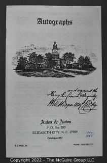 Lot 2.  Autos & Autos.  26 items.  The firm was owned and operated by the late B.C. West, Jr., Manuscript Society treasurer, trustee and noted dealer and collector. His name is well known for the 1976-1977 replevin case, The State of North Carolina vs. Dr. B.C. West, Jr., that he fought after the state seized documents from him. Less well known, perhaps, is the key role he played with the F.B.I. in apprehending a thief who stole an estimated $15,000,000 of manuscripts and artifacts from the Thomas Edison National Historic Site.  West received the Conservation Service Award for his work on the case.  Postmark dates for the catalogs range from 1975 to 1991