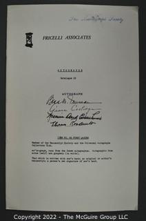 Lot 9.  J. Fricelli Associates.  7 items.  Catalogs 3, 7, 11, 13-14, 17-18; 1970s.  Business address listed in catalogs is Brooklyn.  On the covers the business identifies as a member of The Manuscript Society and the Universal Autograph Collectors Club.  In addition to manuscripts, several of the catalogs offer a good number of First Day Covers.  For example, catalog 3 includes “Cacheted FDC of the United Nations stamp picturing the Chagall window.” Boldly signed by Marc Chagall and listed for $45.   