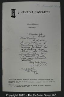 Lot 9.  J. Fricelli Associates.  7 items.  Catalogs 3, 7, 11, 13-14, 17-18; 1970s.  Business address listed in catalogs is Brooklyn.  On the covers the business identifies as a member of The Manuscript Society and the Universal Autograph Collectors Club.  In addition to manuscripts, several of the catalogs offer a good number of First Day Covers.  For example, catalog 3 includes “Cacheted FDC of the United Nations stamp picturing the Chagall window.” Boldly signed by Marc Chagall and listed for $45.   