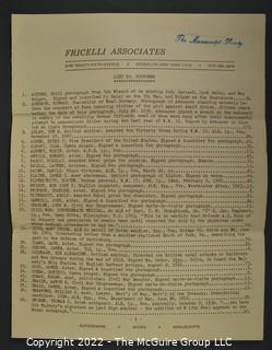 Lot 9.  J. Fricelli Associates.  7 items.  Catalogs 3, 7, 11, 13-14, 17-18; 1970s.  Business address listed in catalogs is Brooklyn.  On the covers the business identifies as a member of The Manuscript Society and the Universal Autograph Collectors Club.  In addition to manuscripts, several of the catalogs offer a good number of First Day Covers.  For example, catalog 3 includes “Cacheted FDC of the United Nations stamp picturing the Chagall window.” Boldly signed by Marc Chagall and listed for $45.   