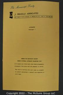 Lot 9.  J. Fricelli Associates.  7 items.  Catalogs 3, 7, 11, 13-14, 17-18; 1970s.  Business address listed in catalogs is Brooklyn.  On the covers the business identifies as a member of The Manuscript Society and the Universal Autograph Collectors Club.  In addition to manuscripts, several of the catalogs offer a good number of First Day Covers.  For example, catalog 3 includes “Cacheted FDC of the United Nations stamp picturing the Chagall window.” Boldly signed by Marc Chagall and listed for $45.   