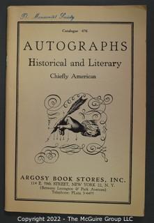 Lot 1.  Argosy Book Stores, Inc.  3 items.  Catalogs 450, 453 and 476; undated.  Titled “Autographs: Historical and Literary.”   Founded in 1925, Argosy Book Store is located in midtown Manhattan and has a large warehouse in Brooklyn.  It was a founding member of ABAA.  Catalog 450 includes several interesting items including one signed by Abraham Lincoln on April 25, 1861, authorizing a pardon, being offered for $125.  An internet search on November 6, 2021, showed that catalog no. 818 (issued in 1990) was then listed on Amazon for 20.00. 