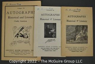 Lot 1.  Argosy Book Stores, Inc.  3 items.  Catalogs 450, 453 and 476; undated.  Titled “Autographs: Historical and Literary.”   Founded in 1925, Argosy Book Store is located in midtown Manhattan and has a large warehouse in Brooklyn.  It was a founding member of ABAA.  Catalog 450 includes several interesting items including one signed by Abraham Lincoln on April 25, 1861, authorizing a pardon, being offered for $125.  An internet search on November 6, 2021, showed that catalog no. 818 (issued in 1990) was then listed on Amazon for 20.00. 