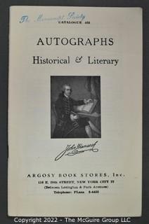 Lot 1.  Argosy Book Stores, Inc.  3 items.  Catalogs 450, 453 and 476; undated.  Titled “Autographs: Historical and Literary.”   Founded in 1925, Argosy Book Store is located in midtown Manhattan and has a large warehouse in Brooklyn.  It was a founding member of ABAA.  Catalog 450 includes several interesting items including one signed by Abraham Lincoln on April 25, 1861, authorizing a pardon, being offered for $125.  An internet search on November 6, 2021, showed that catalog no. 818 (issued in 1990) was then listed on Amazon for 20.00. 