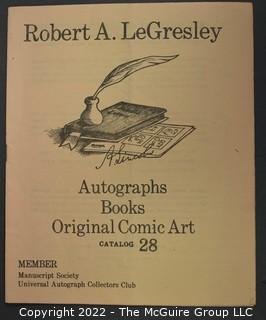 Lot 16.  Robert A. LeGresley. 6 items.  Catalogs 5, 6, 7, 25, 27, 28.  1978- ?.  LeGresley issued his first catalogs from Topeka, Kansas but catalog 25 shows him in Henderson, Kentucky.  As noted in the catalogs, his areas of interest were autographs, books and original comic art.   He identified as a member of The Manuscript Society and UACC.  Catalog 5, from 1978, includes several animation drawings of Mickey Mouse by Iwerks, who was with Walt Disney from the early days.