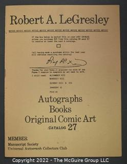 Lot 16.  Robert A. LeGresley. 6 items.  Catalogs 5, 6, 7, 25, 27, 28.  1978- ?.  LeGresley issued his first catalogs from Topeka, Kansas but catalog 25 shows him in Henderson, Kentucky.  As noted in the catalogs, his areas of interest were autographs, books and original comic art.   He identified as a member of The Manuscript Society and UACC.  Catalog 5, from 1978, includes several animation drawings of Mickey Mouse by Iwerks, who was with Walt Disney from the early days.