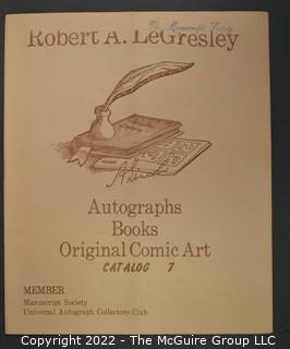 Lot 16.  Robert A. LeGresley. 6 items.  Catalogs 5, 6, 7, 25, 27, 28.  1978- ?.  LeGresley issued his first catalogs from Topeka, Kansas but catalog 25 shows him in Henderson, Kentucky.  As noted in the catalogs, his areas of interest were autographs, books and original comic art.   He identified as a member of The Manuscript Society and UACC.  Catalog 5, from 1978, includes several animation drawings of Mickey Mouse by Iwerks, who was with Walt Disney from the early days.