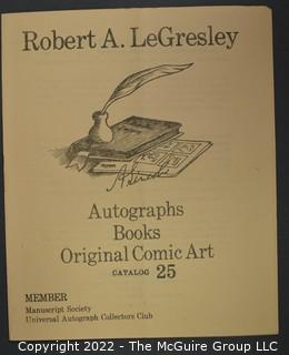 Lot 16.  Robert A. LeGresley. 6 items.  Catalogs 5, 6, 7, 25, 27, 28.  1978- ?.  LeGresley issued his first catalogs from Topeka, Kansas but catalog 25 shows him in Henderson, Kentucky.  As noted in the catalogs, his areas of interest were autographs, books and original comic art.   He identified as a member of The Manuscript Society and UACC.  Catalog 5, from 1978, includes several animation drawings of Mickey Mouse by Iwerks, who was with Walt Disney from the early days.