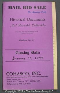 Lot 4.  Cohasco, Inc.  12 items.  Catalogs 23-27, 32, 51-52, 54, 58-59 and 61.  1982-2012.  Founded in 1946, the company is run by Bob Snyder, a member of the Board of Trustees of The Manuscript Society.  It is located in Yonkers, N.Y. 
