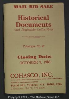 Lot 4.  Cohasco, Inc.  12 items.  Catalogs 23-27, 32, 51-52, 54, 58-59 and 61.  1982-2012.  Founded in 1946, the company is run by Bob Snyder, a member of the Board of Trustees of The Manuscript Society.  It is located in Yonkers, N.Y. 
