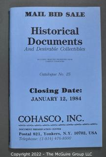 Lot 4.  Cohasco, Inc.  12 items.  Catalogs 23-27, 32, 51-52, 54, 58-59 and 61.  1982-2012.  Founded in 1946, the company is run by Bob Snyder, a member of the Board of Trustees of The Manuscript Society.  It is located in Yonkers, N.Y. 
