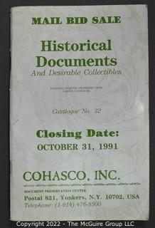 Lot 4.  Cohasco, Inc.  12 items.  Catalogs 23-27, 32, 51-52, 54, 58-59 and 61.  1982-2012.  Founded in 1946, the company is run by Bob Snyder, a member of the Board of Trustees of The Manuscript Society.  It is located in Yonkers, N.Y. 
