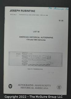 Lot 28.  Joseph Rubinfine.  33 items.  Lists 31-36, 45, 48, 50-53, 55, 56, 58-60, 62-65, 67, 69, 70-74, 76, 79-81, 84, 174, 178, 181, 183, 184; circa 1970-2018.  Rubinfine (1938-2019) spent his early life on a farm in New Jersey and it’s from NJ that his first catalogs were issued.  It was not until 1987 that he moved to Florida (the last five catalogs in this lot were issued there).  He became very well known for his expertise with Americana, something that the entries in his catalogs reflect.  Less obvious to many is that he was a long-distance runner for many years and competed in many marathons, including four Boston Marathons.  He was named a Fellow of The Manuscript Society. 

