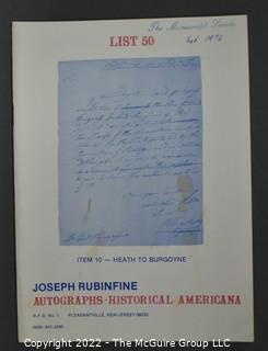 Lot 28.  Joseph Rubinfine.  33 items.  Lists 31-36, 45, 48, 50-53, 55, 56, 58-60, 62-65, 67, 69, 70-74, 76, 79-81, 84, 174, 178, 181, 183, 184; circa 1970-2018.  Rubinfine (1938-2019) spent his early life on a farm in New Jersey and it’s from NJ that his first catalogs were issued.  It was not until 1987 that he moved to Florida (the last five catalogs in this lot were issued there).  He became very well known for his expertise with Americana, something that the entries in his catalogs reflect.  Less obvious to many is that he was a long-distance runner for many years and competed in many marathons, including four Boston Marathons.  He was named a Fellow of The Manuscript Society. 

