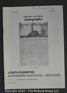 Lot 28.  Joseph Rubinfine.  33 items.  Lists 31-36, 45, 48, 50-53, 55, 56, 58-60, 62-65, 67, 69, 70-74, 76, 79-81, 84, 174, 178, 181, 183, 184; circa 1970-2018.  Rubinfine (1938-2019) spent his early life on a farm in New Jersey and it’s from NJ that his first catalogs were issued.  It was not until 1987 that he moved to Florida (the last five catalogs in this lot were issued there).  He became very well known for his expertise with Americana, something that the entries in his catalogs reflect.  Less obvious to many is that he was a long-distance runner for many years and competed in many marathons, including four Boston Marathons.  He was named a Fellow of The Manuscript Society. 

