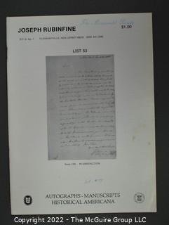 Lot 28.  Joseph Rubinfine.  33 items.  Lists 31-36, 45, 48, 50-53, 55, 56, 58-60, 62-65, 67, 69, 70-74, 76, 79-81, 84, 174, 178, 181, 183, 184; circa 1970-2018.  Rubinfine (1938-2019) spent his early life on a farm in New Jersey and it’s from NJ that his first catalogs were issued.  It was not until 1987 that he moved to Florida (the last five catalogs in this lot were issued there).  He became very well known for his expertise with Americana, something that the entries in his catalogs reflect.  Less obvious to many is that he was a long-distance runner for many years and competed in many marathons, including four Boston Marathons.  He was named a Fellow of The Manuscript Society. 

