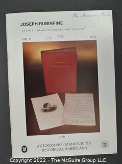 Lot 28.  Joseph Rubinfine.  33 items.  Lists 31-36, 45, 48, 50-53, 55, 56, 58-60, 62-65, 67, 69, 70-74, 76, 79-81, 84, 174, 178, 181, 183, 184; circa 1970-2018.  Rubinfine (1938-2019) spent his early life on a farm in New Jersey and it’s from NJ that his first catalogs were issued.  It was not until 1987 that he moved to Florida (the last five catalogs in this lot were issued there).  He became very well known for his expertise with Americana, something that the entries in his catalogs reflect.  Less obvious to many is that he was a long-distance runner for many years and competed in many marathons, including four Boston Marathons.  He was named a Fellow of The Manuscript Society. 

