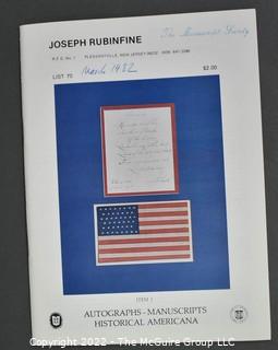 Lot 28.  Joseph Rubinfine.  33 items.  Lists 31-36, 45, 48, 50-53, 55, 56, 58-60, 62-65, 67, 69, 70-74, 76, 79-81, 84, 174, 178, 181, 183, 184; circa 1970-2018.  Rubinfine (1938-2019) spent his early life on a farm in New Jersey and it’s from NJ that his first catalogs were issued.  It was not until 1987 that he moved to Florida (the last five catalogs in this lot were issued there).  He became very well known for his expertise with Americana, something that the entries in his catalogs reflect.  Less obvious to many is that he was a long-distance runner for many years and competed in many marathons, including four Boston Marathons.  He was named a Fellow of The Manuscript Society. 

