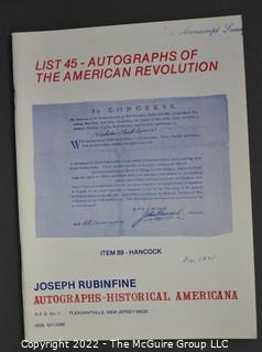 Lot 28.  Joseph Rubinfine.  33 items.  Lists 31-36, 45, 48, 50-53, 55, 56, 58-60, 62-65, 67, 69, 70-74, 76, 79-81, 84, 174, 178, 181, 183, 184; circa 1970-2018.  Rubinfine (1938-2019) spent his early life on a farm in New Jersey and it’s from NJ that his first catalogs were issued.  It was not until 1987 that he moved to Florida (the last five catalogs in this lot were issued there).  He became very well known for his expertise with Americana, something that the entries in his catalogs reflect.  Less obvious to many is that he was a long-distance runner for many years and competed in many marathons, including four Boston Marathons.  He was named a Fellow of The Manuscript Society. 

