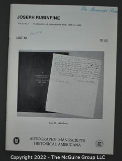 Lot 28.  Joseph Rubinfine.  33 items.  Lists 31-36, 45, 48, 50-53, 55, 56, 58-60, 62-65, 67, 69, 70-74, 76, 79-81, 84, 174, 178, 181, 183, 184; circa 1970-2018.  Rubinfine (1938-2019) spent his early life on a farm in New Jersey and it’s from NJ that his first catalogs were issued.  It was not until 1987 that he moved to Florida (the last five catalogs in this lot were issued there).  He became very well known for his expertise with Americana, something that the entries in his catalogs reflect.  Less obvious to many is that he was a long-distance runner for many years and competed in many marathons, including four Boston Marathons.  He was named a Fellow of The Manuscript Society. 

