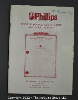 Lot 21.  Phillips (New York).  8 items.  Auction catalogs, 1978-1981.  Catalogs sometimes include price estimates and/or separate list of prices realized.  The auction catalog for June 25, 1980 includes over fifty items associated with Andrew Jackson.