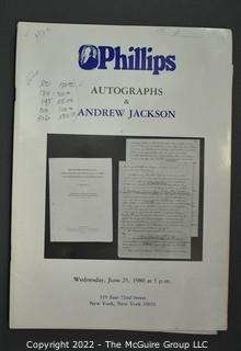 Lot 21.  Phillips (New York).  8 items.  Auction catalogs, 1978-1981.  Catalogs sometimes include price estimates and/or separate list of prices realized.  The auction catalog for June 25, 1980 includes over fifty items associated with Andrew Jackson.