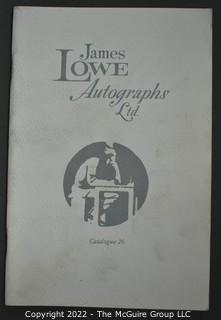 Lot 20.  James Lowe.  24 items.  Catalogs 4, 6, 17-28, 30-36; spring 1971 catalog; and two catalog supplements.  1970s-1980s.  Operating out of New York, Lowe is listed in the 1976 Manuscript Society membership directory and in his catalog he notes that he is a member.  There is a James Lowe, LTD autographs internet site.   One internet site listed his spring 1971 catalog supplement and catalogs 3 and 18 for $75.  