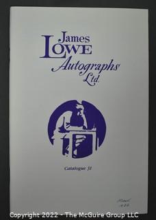 Lot 20.  James Lowe.  24 items.  Catalogs 4, 6, 17-28, 30-36; spring 1971 catalog; and two catalog supplements.  1970s-1980s.  Operating out of New York, Lowe is listed in the 1976 Manuscript Society membership directory and in his catalog he notes that he is a member.  There is a James Lowe, LTD autographs internet site.   One internet site listed his spring 1971 catalog supplement and catalogs 3 and 18 for $75.  
