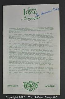 Lot 20.  James Lowe.  24 items.  Catalogs 4, 6, 17-28, 30-36; spring 1971 catalog; and two catalog supplements.  1970s-1980s.  Operating out of New York, Lowe is listed in the 1976 Manuscript Society membership directory and in his catalog he notes that he is a member.  There is a James Lowe, LTD autographs internet site.   One internet site listed his spring 1971 catalog supplement and catalogs 3 and 18 for $75.  