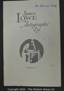Lot 20.  James Lowe.  24 items.  Catalogs 4, 6, 17-28, 30-36; spring 1971 catalog; and two catalog supplements.  1970s-1980s.  Operating out of New York, Lowe is listed in the 1976 Manuscript Society membership directory and in his catalog he notes that he is a member.  There is a James Lowe, LTD autographs internet site.   One internet site listed his spring 1971 catalog supplement and catalogs 3 and 18 for $75.  