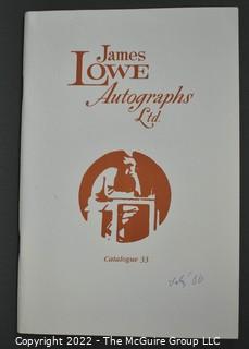 Lot 20.  James Lowe.  24 items.  Catalogs 4, 6, 17-28, 30-36; spring 1971 catalog; and two catalog supplements.  1970s-1980s.  Operating out of New York, Lowe is listed in the 1976 Manuscript Society membership directory and in his catalog he notes that he is a member.  There is a James Lowe, LTD autographs internet site.   One internet site listed his spring 1971 catalog supplement and catalogs 3 and 18 for $75.  