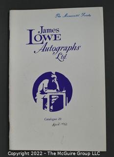 Lot 20.  James Lowe.  24 items.  Catalogs 4, 6, 17-28, 30-36; spring 1971 catalog; and two catalog supplements.  1970s-1980s.  Operating out of New York, Lowe is listed in the 1976 Manuscript Society membership directory and in his catalog he notes that he is a member.  There is a James Lowe, LTD autographs internet site.   One internet site listed his spring 1971 catalog supplement and catalogs 3 and 18 for $75.  