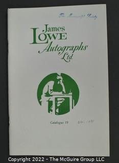 Lot 20.  James Lowe.  24 items.  Catalogs 4, 6, 17-28, 30-36; spring 1971 catalog; and two catalog supplements.  1970s-1980s.  Operating out of New York, Lowe is listed in the 1976 Manuscript Society membership directory and in his catalog he notes that he is a member.  There is a James Lowe, LTD autographs internet site.   One internet site listed his spring 1971 catalog supplement and catalogs 3 and 18 for $75.  