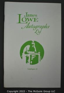 Lot 20.  James Lowe.  24 items.  Catalogs 4, 6, 17-28, 30-36; spring 1971 catalog; and two catalog supplements.  1970s-1980s.  Operating out of New York, Lowe is listed in the 1976 Manuscript Society membership directory and in his catalog he notes that he is a member.  There is a James Lowe, LTD autographs internet site.   One internet site listed his spring 1971 catalog supplement and catalogs 3 and 18 for $75.  