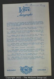 Lot 20.  James Lowe.  24 items.  Catalogs 4, 6, 17-28, 30-36; spring 1971 catalog; and two catalog supplements.  1970s-1980s.  Operating out of New York, Lowe is listed in the 1976 Manuscript Society membership directory and in his catalog he notes that he is a member.  There is a James Lowe, LTD autographs internet site.   One internet site listed his spring 1971 catalog supplement and catalogs 3 and 18 for $75.  