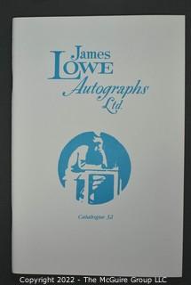 Lot 20.  James Lowe.  24 items.  Catalogs 4, 6, 17-28, 30-36; spring 1971 catalog; and two catalog supplements.  1970s-1980s.  Operating out of New York, Lowe is listed in the 1976 Manuscript Society membership directory and in his catalog he notes that he is a member.  There is a James Lowe, LTD autographs internet site.   One internet site listed his spring 1971 catalog supplement and catalogs 3 and 18 for $75.  