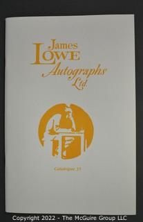 Lot 20.  James Lowe.  24 items.  Catalogs 4, 6, 17-28, 30-36; spring 1971 catalog; and two catalog supplements.  1970s-1980s.  Operating out of New York, Lowe is listed in the 1976 Manuscript Society membership directory and in his catalog he notes that he is a member.  There is a James Lowe, LTD autographs internet site.   One internet site listed his spring 1971 catalog supplement and catalogs 3 and 18 for $75.  