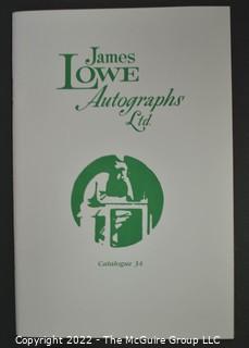 Lot 20.  James Lowe.  24 items.  Catalogs 4, 6, 17-28, 30-36; spring 1971 catalog; and two catalog supplements.  1970s-1980s.  Operating out of New York, Lowe is listed in the 1976 Manuscript Society membership directory and in his catalog he notes that he is a member.  There is a James Lowe, LTD autographs internet site.   One internet site listed his spring 1971 catalog supplement and catalogs 3 and 18 for $75.  