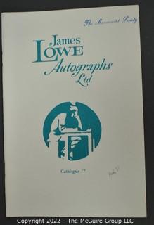 Lot 20.  James Lowe.  24 items.  Catalogs 4, 6, 17-28, 30-36; spring 1971 catalog; and two catalog supplements.  1970s-1980s.  Operating out of New York, Lowe is listed in the 1976 Manuscript Society membership directory and in his catalog he notes that he is a member.  There is a James Lowe, LTD autographs internet site.   One internet site listed his spring 1971 catalog supplement and catalogs 3 and 18 for $75.  
