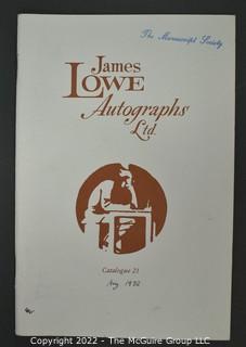 Lot 20.  James Lowe.  24 items.  Catalogs 4, 6, 17-28, 30-36; spring 1971 catalog; and two catalog supplements.  1970s-1980s.  Operating out of New York, Lowe is listed in the 1976 Manuscript Society membership directory and in his catalog he notes that he is a member.  There is a James Lowe, LTD autographs internet site.   One internet site listed his spring 1971 catalog supplement and catalogs 3 and 18 for $75.  