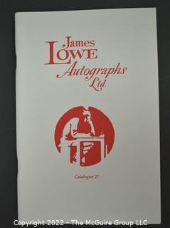 Lot 20.  James Lowe.  24 items.  Catalogs 4, 6, 17-28, 30-36; spring 1971 catalog; and two catalog supplements.  1970s-1980s.  Operating out of New York, Lowe is listed in the 1976 Manuscript Society membership directory and in his catalog he notes that he is a member.  There is a James Lowe, LTD autographs internet site.   One internet site listed his spring 1971 catalog supplement and catalogs 3 and 18 for $75.  